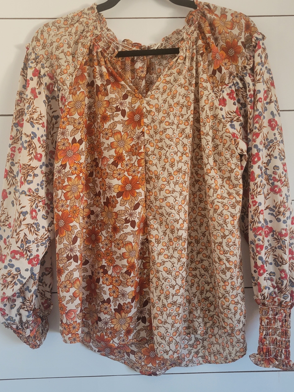 Umgee Floral Peasant Blouse in Cream, Orange and Brown